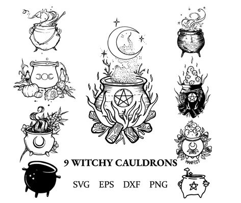 Cauldron Tattoo Designs, Small Cauldron Tattoo, Couldren Tattoo Design, Acotar Cauldron Tattoo, Witch Cauldron Tattoo, Couldren Tattoo, Witch Cauldron Drawing, Esoteric Doodles, Witchy Logos