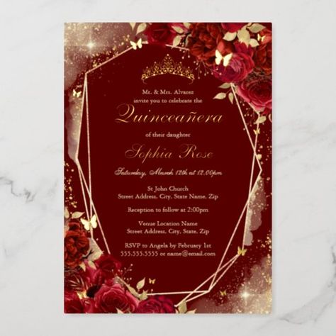 $3.95 | Red Gold Butterfly Floral Quinceanera - quinceanera, 15th, birthday, 15th birthday, tiara, tiara quinceanera, butterfly, gold, red, red quinceanera Red And Gold Quince Invitations, Red Quince Theme, Gold Quinceanera Theme, Red And Gold Quince, Red Tiara, Red Quince, Quince Invitations, Quince Decorations, Sweet Sixteen Invitations