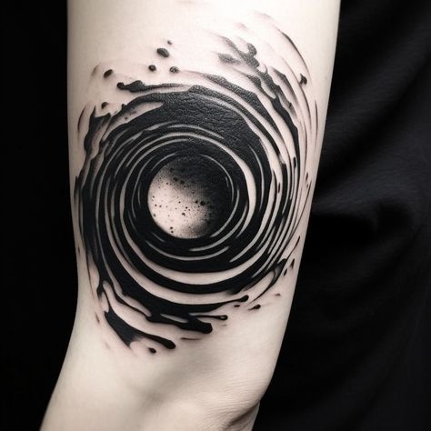 Black Hole Galaxy Tattoo, Chest Space Tattoo, Space Elbow Tattoo, Dark Elbow Tattoo, Black Hole Tattoo Design, Black Hole Tattoo, Wormhole Tattoo, Hand Tattoo Designs, Left Arm Tattoos