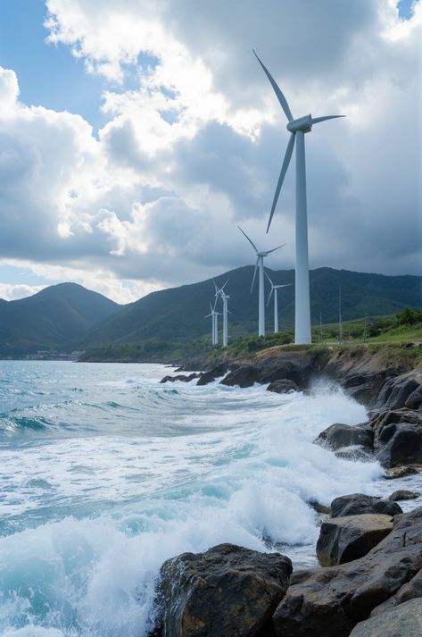 Experience the awe-inspiring Bangui Windmills in Ilocos Norte! These giant turbines line the shore, creating a stunning contrast against the crashing waves and green hills. A must-see for sustainable travel enthusiasts and photographers. #Philippines #TravelPhotography Bangui Windmills Ilocos Norte, Ilocos Norte Philippines, Rocky Coastline, Visit Philippines, Ilocos Norte, Nature And Technology, Breathtaking Scenery, Green Hills, Crashing Waves