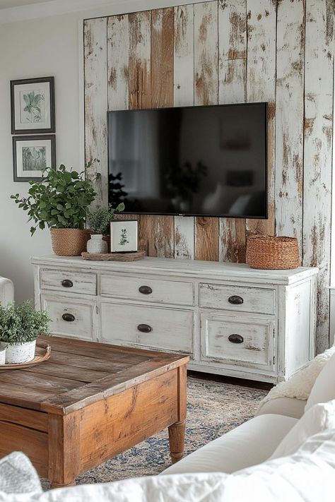 30 Farmhouse TV Stand Decor Ideas To Elevate Your Living Room Modern Country Tv Stand, Farmhouse Tv Stands, Tv Stand Farmhouse Decor, Living Room Decor Tv Area, How To Decorate Tv Stand Shelves, Farmhouse Entertainment Center Ideas, Farmhouse Entertainment Center Decor Ideas, Painted Tv Stand Ideas, Alternative Tv Stand Ideas