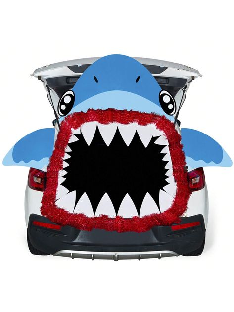 This kit includes 33 Paperboards, 3 Tassels, and 3 Double-Sided Tapes, giving you a perfect shark set to decorate your car with. This is a great value pack that will help you create a unique Halloween decoration for your car. You can place it on the front of your open trunk, the front of your car, or even use it indoors to create a spooky but fun atmosphere.    The kit comes with double-sided removable adhesive tape, which leaves no residue and no damage, which are reusable. This Halloween shark Shark Trunk Or Treat, Trunk Or Treat Decorations, Halloween Shark, Church Trunk Or Treat, Church Trunk, Canada Day Crafts, Shark Halloween, Fall Festival Ideas, Halloween Trunk Or Treat