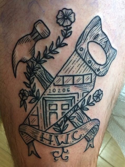 Hammer & Saw by Kyler Martz, Jackson Street Tattoo Co., Seattle, WA Carpenter Tattoo, Woodworking Tattoo, Kyler Martz, Hammer Tattoo, Blade Tattoo, Tool Tattoo, Favorite Tattoos, Remembrance Tattoos, Street Tattoo