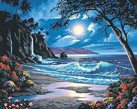 Moonlight Painting, Ocean Scenes, Paint By Number Kits, Beach Scenes, Amazon Art, 5d Diamond Painting, Paint Kit, Diamond Art, Paint By Number