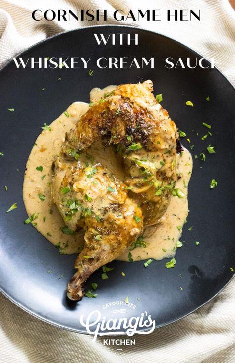 Cornish Game Hen with Whiskey and Cream Sauce Game Hens Recipes, Sides For Cornish Hens, Game Hens Recipes Ovens, Cornish Game Hen Recipes Baked, Cornish Game Hens Recipes, Cornish Hen Recipes, Anniversary Meals, Whiskey Cream Sauce, Game Hen Recipes