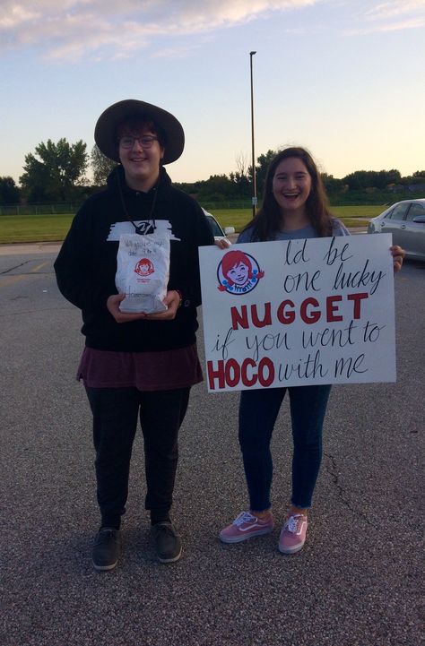 Chicken nugget homecoming ask/ promposal Chicken Nugget Promposal, Kitkat Promposal, Mcdonald’s Promposal, Chicken Promposal, Funny Homecoming Signs, Homecoming Responses, Prom Asking Ideas For Guys, Homecoming Response Ideas, Prom Asking Ideas