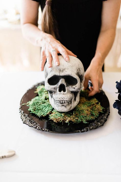 Bed of moss. If you love elegant gothic halloween decor you'll love this easy DIY floral skull centerpiece for your next Halloween Party! Try purple hydrangeas or black roses for creepy but classy Halloween decor. Find out how easy it really is at PartiesWithACause.com #diyhalloween #halloweendecor #centerpieceidea #spookyhalloween Moss Centerpiece, Scorpio Style, Skull Centerpiece, Gothic Halloween Decor, Centerpiece Tutorial, Halloween Roses, Halloween Floral Arrangements, Halloween Witch Cauldron, Moss Centerpieces