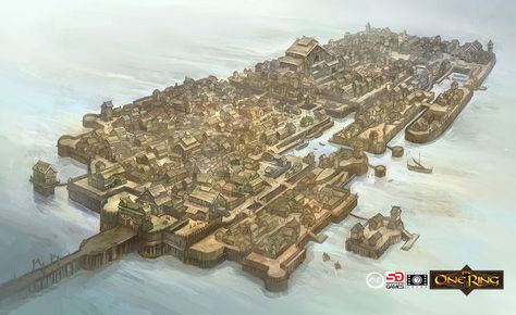 Lake-Town Lake Town, Fantasy Cities, Fantasy Town, Fantasy World Map, The One Ring, Town Map, Heroic Fantasy, Rpg Map, Dungeon Maps