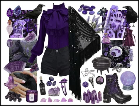 the witch is in Outfit | ShopLook Witch Dress Modern, Planetarium Outfit Ideas, Witch Themed Outfit, Purple Goth Aesthetic Outfit, Purple Witch Aesthetic Outfit, Pastel Witch Outfit, Witchy Outfits Winter, Purple Witch Outfit, Purple Goth Outfits