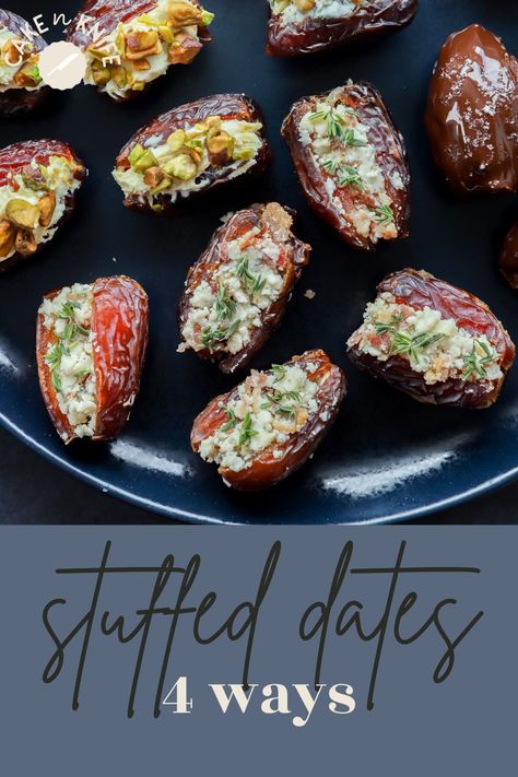 On the hunt for a delicious and versatile appetizer? Look no further than these creative stuffed dates! With four scrumptious variations (Mascarpone Orange, Goat Cheese Rosemary, Peanut Butter Cup, and Bacon & Blue), these dates are an easy, no-cook snack or appetizer that's sure to satisfy your sweet and salty cravings. Perfect for snacking on during movie nights, an afternoon pick-me-up, or last-minute appetizers for unexpected dinner parties. Dates Appetizer Recipes, Stuffed Dates With Marscapone, Dates With Mascarpone Cheese, Date Appetizer Recipes, Stuffed Date Appetizer, Goat Cheese Dates Appetizer, Stuffed Dates Goat Cheese, Stuffed Dates Recipes, Blue Cheese Stuffed Dates