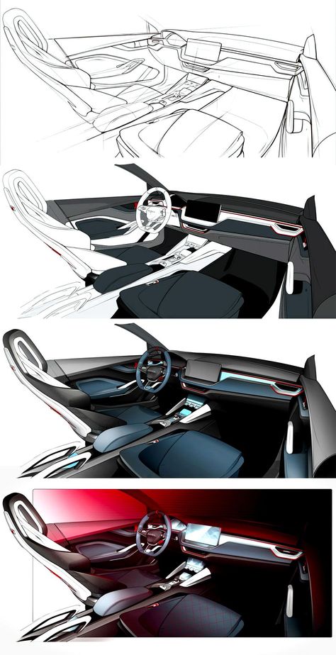 Interior design sketch of the Škoda Vision RS Concept  #Skoda #CarDesign #DesignSketch #CarInterior #ConceptCar #ParisMotorShow #CarBodyDesign Concept Car Interior Sketch, Concept Car Interior Design, Concept Car Interior, Interior Sketches, Car Interior Sketch, Car Interior Design Sketch, Car Interior Diy, Drawing Interior, Interior Design Sketch