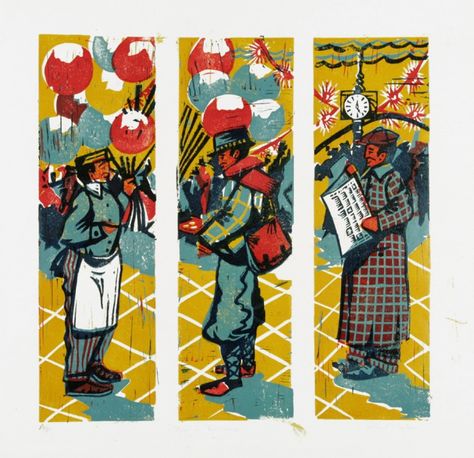 Paul Cleden | Buying Balloons, multi block triptych #linocut #printmaking #illustration Linocut Printmaking, Wood Block Printing, Linocut Prints, Wood Blocks, Somerset, Art And Architecture, Linocut, Printmaking, Block Print