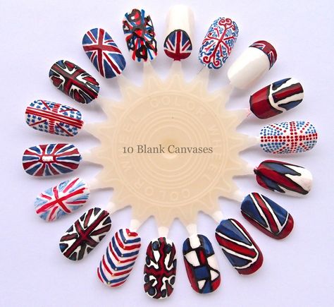 For a possible project... British Flag Nails, Union Jack Nails, One Direction Nails, Multicoloured Nails, Nail Art Wheel, Mix Match Nails, Hand Painted Nail Art, Flag Nails, Paris Nails