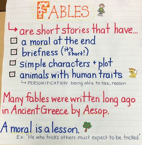 Fables Anchor Chart Fables Anchor Chart, Teaching Fables, First Grade Projects, Anchor Charts First Grade, Grade Three, Learning Board, 6th Grade Reading, Simple Character, Homeschool Education