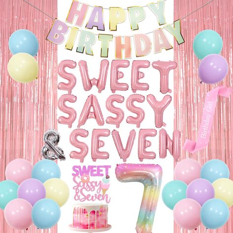 PRICES MAY VARY. You will get: 1*Macaron happy birthday banner, 1*3.28*6.56ft Macaron pink curtain, 20*12inch Macaron latex balloons(4*yellow, 4*pink,4*purple,4*teal blue, 4*baby blue), 1*40inch sky gradient number 7 balloon, 1*16inch SWEET SASSY & SEVEN foil balloon, 1*pink ice cream themed sweet sassy & seven cake topper, 1* pink birthday girl sash. Sweet sassy & seven birthday banner decorations : Decorate the corner of this unforgettable 7th birthday party for the cute SWEET SASSY & SEVEN le Sweet And Seven Birthday, Seventh Birthday Party Themes, 7 Is So Sweet Birthday, Sweet Sassy Seven Birthday, Seven Is So Sweet Birthday, Girl Birthday Party Themes 7th, Birthday Ideas For 7 Year Girl, Seven Birthday Party Ideas Girl, Sweet 7 Birthday