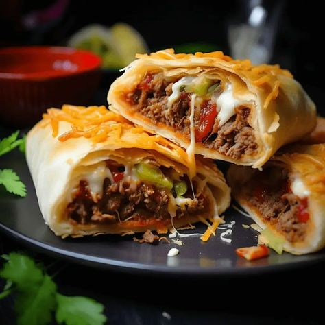 Beef and Cheese Chimichanga - Life with Susan Ground Beef Chimichanga Recipe, Authentic Chimichanga Recipe, Ground Beef Chimichangas, Beef And Cheese Chimichangas, Mince Meals, Sandwich Meals, Copycat Olive Garden Alfredo Sauce, Steak Crockpot, Chimichanga Beef