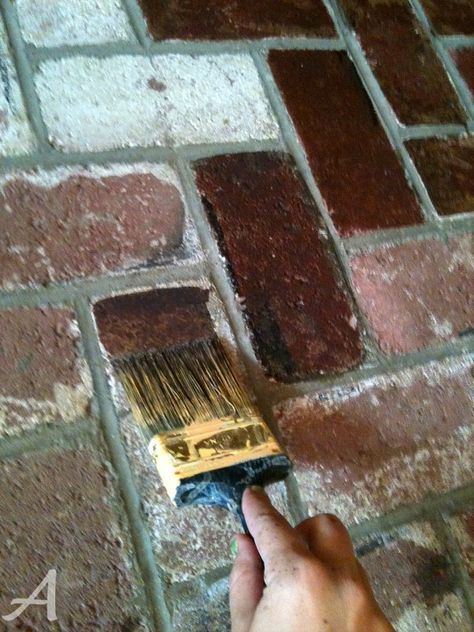 How to stain (not paint) brick, using Behr Premium Concrete Stain. Anna Moseley shows us how it's an easy and inexpensive way to upgrade the look of a brick fireplace. || @askannamoseley Stain Brick, Stained Brick, Paint Brick, Painting Brick, Brick Floor, Concrete Stain, Painted Concrete Porch, Concrete Porch, Painting Concrete