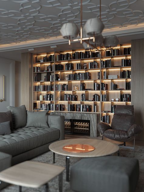 Modern Library Design Home, Luxury Library Room, Library Room Modern, Modern Library Room, Home Library Rooms, Bibliotheque Design, Modern Office Interiors, Modern Library, Home Library Design