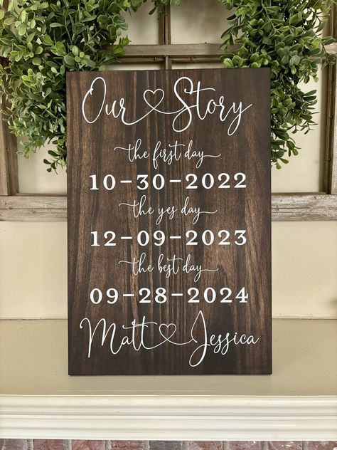 Such a lovely keepsake for a couple. The special dates of their love story. This sign makes a wonderful engagement gift, wedding gift, wedding decor or even a personal keepsake for yourself! It features a wood panel stained the color of your choice and a UV printed design. We offer three sizes. The first photo on the listing is a 12"x18" in kona.  To order, please choose the stain color, size and put the exact wording you would like to appear on the sign in the personalization box. In The Woods Wedding Ideas, Small Wood Wedding, Wedding Ideas For October, Cute Wedding Touches, Fall Wedding Activities, Vinyl Wedding Ideas, Fall Wedding Ideas On A Budget, Outdoor Wedding Ideas On A Budget, Untraditional Wedding Ideas