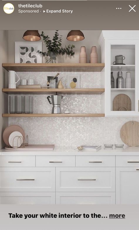 White Glass Backsplash, Mother Of Pearl Backsplash, Scandinavian Home Design, Shell Tiles, Diy Kitchen Backsplash, White Backsplash, White Kitchen Design, Kitchen Concepts, Kitchen Benches