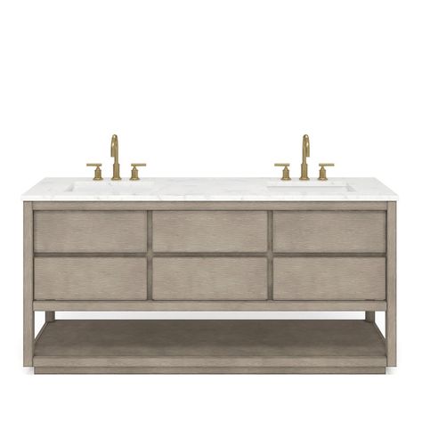 Red Barrel Studio® Oakman 72" Carrara White Marble Countertop Bath Vanity in Gray Oak with Satin Gold Faucet | Wayfair 72 Inch Bathroom Vanity, Single Sink Bathroom Vanities, Gold Faucet, Large Bathroom, Wood Backsplash, Wall Mount Faucet Bathroom, Countertop Colours, Marble Vanity, White Marble Countertops