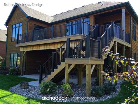 Back Deck Second Story, Elevated Deck Ideas, Back Deck Designs, Cottage Deck, Open Patio, Barn Remodel, Second Story Deck, Deck Remodel, Staircase Outdoor