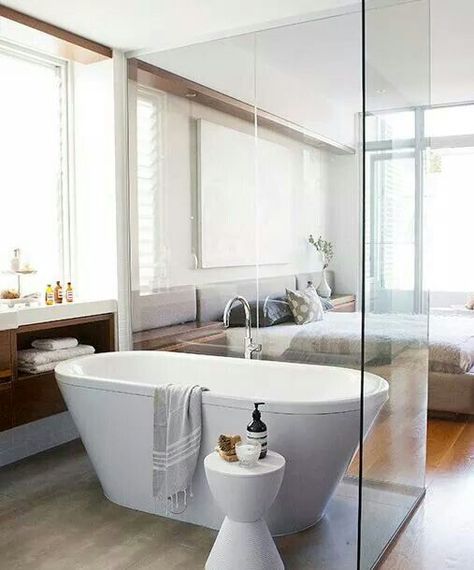 a free-standing bathtub spearated with a glass space divider for gentle separation Beautiful Bathroom Designs, Bad Inspiration, Contemporary Bathroom Designs, Dream Bathrooms, Tub Shower Combo, Bath Room, Bathroom Renos, Bathroom Style, Bath Tub