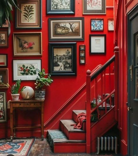 Eclectic Foyer, Maximalism Home, Gallery Layout, Plum Walls, Maximalism Decor, Maximalism Interior, Library Corner, Opulent Bedroom, Comfortable Sectional Sofa