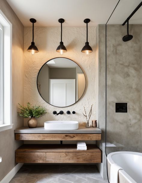 Organic Contemporary Bathroom, Oak And Black Bathroom, Bathroom Trends 2025, Bathroom With Floating Vanity, Modern Restroom, Modern Organic Bathroom, Contemporary Bathroom Tiles, Rustic Bathroom Design, Cottage Bathrooms