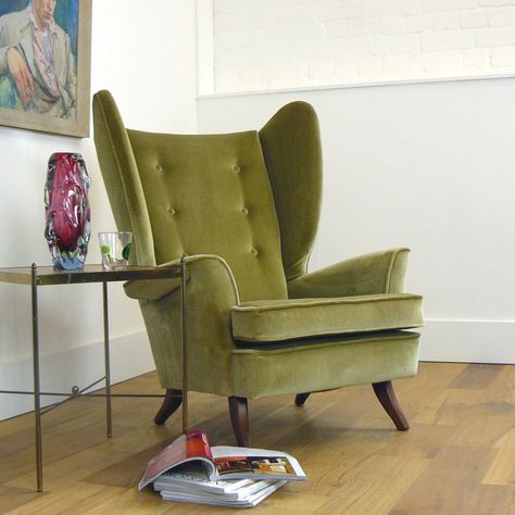 Green Wingback Chair, Mid Century Wingback Chair, Large Single Bed, Vintage Wingback Chair, Victorian Armchair, Velvet Wingback Chair, Upholstery Design, Olive Green Velvet, Wingback Chairs