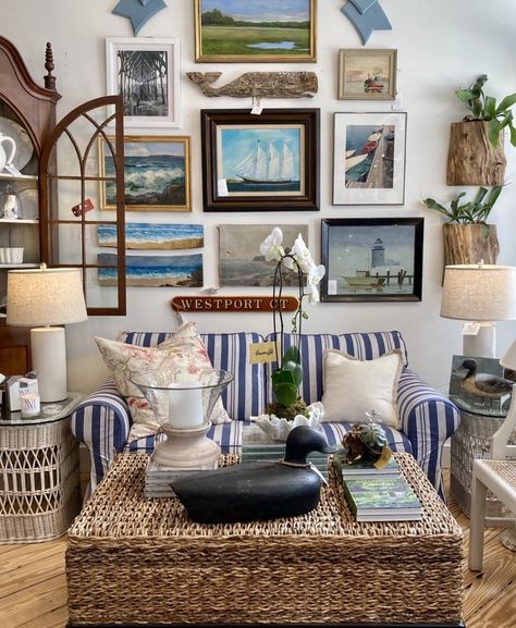 Cozy Nautical Living Room, Pastel Beach House, Nautical Gallery Wall, Antique Decorating, Eclectic Coastal, Unicorn House, Cottage Lounge, Nantucket House, Nautical Living Room