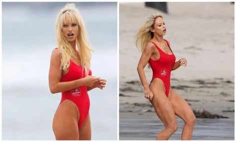 Lily James channels Pamela Anderson in a red ‘Baywatch’ suit Pamela Anderson Bay Watch, Lily James Pamela Anderson, Baywatch Bathing Suit, Baywatch Costume, Baywatch Tv Show, Lilly James, Red Bathing Suit, Bay Watch, Red Bathing Suits