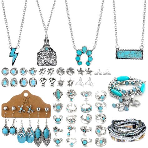 PRICES MAY VARY. Package included: you will get 67 pieces western jewelry set, including 4 pieces turquoise pendant necklaces, 13 piece turquoise bracelets, 20 pieces turquois rings and 15 pairs turquoise earrings. Turquoise jewelry set that can add new highlights to your outfit. Premium material: our women turquoise Jewelry are made of hypoallergenic 316L stainless steel, nickel-free and lead-free. The surface is polished with excellent texture the earring look very shiny and smooth. 316L stain Western Boutique Jewelry, Simple Western Jewelry, Turquoise And Silver Jewelry, Teal Jewelry Western, Turquoise Western Jewelry, Tourqouis Jewelry, Western Jewelry Necklace, Turquoise Jewelry Necklace, Teal Jewelry