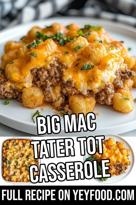 Cheesy Big Mac Tater Tot Casserole - Yeyfood.com: Recipes, cooking tips, and kitchen hacks for home cooks of all levels Big Mac Tater Tot Casserole, Big Mac Casserole, Cinnamon Bread Easy, Tater Tot Casserole Recipe, Tater Tot Casserole Recipes, Chicken Honey, Seasoned Ground Beef, What's For Supper, Tot Casserole