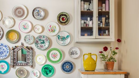 Plate Walls, Brown Plates, Black And White Plates, Bright Bathroom, Paint And Paper Library, Yellow Tile, Colour Texture, Vintage Bath, Glazed Tiles