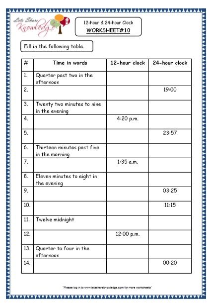 Grade 4 Maths Resources (7.1 Time - 12-hour & 24-hour Clock Printable Worksheets) - Lets Share Knowledge Clock Worksheets, Clock Printable, Grade 6 Math, Maths Resources, 24 Hour Clock, English Exam, Time Worksheets, Math Work, Math Time