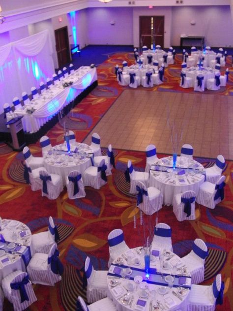 Our wedding reception, Ottawa Marriott hotel - cobalt blue and white White Table Decorations, Cobalt Blue Weddings, Royal Blue Wedding Theme, Blue Wedding Decorations, Wedding Table Seating, Quinceanera Decorations, Dance Floors, Royal Blue Wedding, Blue Themed Wedding