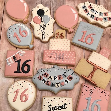 Birthday Cookies 🎈 #birthdaycookies #sweet16cookies #cookiesofinstagram #instacookies #royalicing #decoratedcookies #dekoracyjneciastka… Sweet 16 Cookies, Sweet 16 Cupcakes, 16 Cookies, Sweet Sixteen Favors, Sweet Sixteen Cakes, Sweet 16 Party Decorations, Sweet 16 Themes, Cookies Birthday, Sweet 16 Birthday Cake