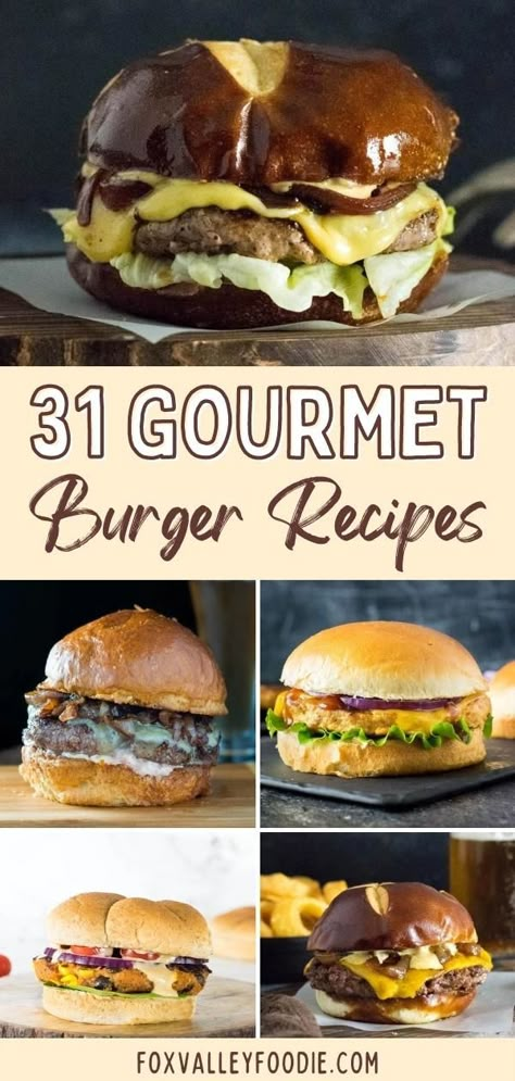 This collection of the 31 Best Gourmet Burger Recipes features mouthwatering creations that are guaranteed to tempt any appetite. These unique burgers cover everything from traditional beef burgers, to pork, wild game, and even vegetarian options. So if you are craving a good burger, you came to the right place! Gourmet Burgers Recipes, Grilled Burger Recipes, Unique Burgers, Burger Ideas, Burger Recipes Beef, Gourmet Burger, Burgers Recipes, Best Burger Recipe, How To Cook Burgers