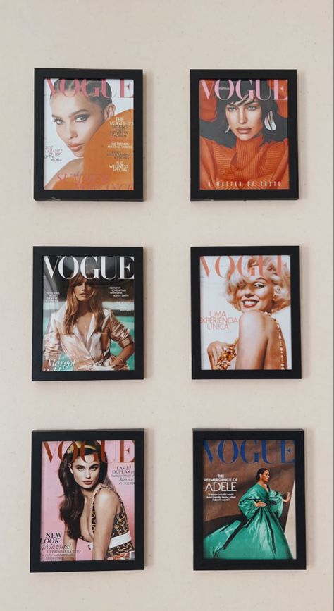 Vogue Frame Wall Art, Photo Wall Collage Apartment, Vouge Wall Decor, Fashion Inspired Bedroom Decor, Room Ideas Fashion Aesthetic, Fashion Inspired Room Decor, Vogue Picture Wall Art, Fashion Gallery Wall, Vouge Room Aesthetic