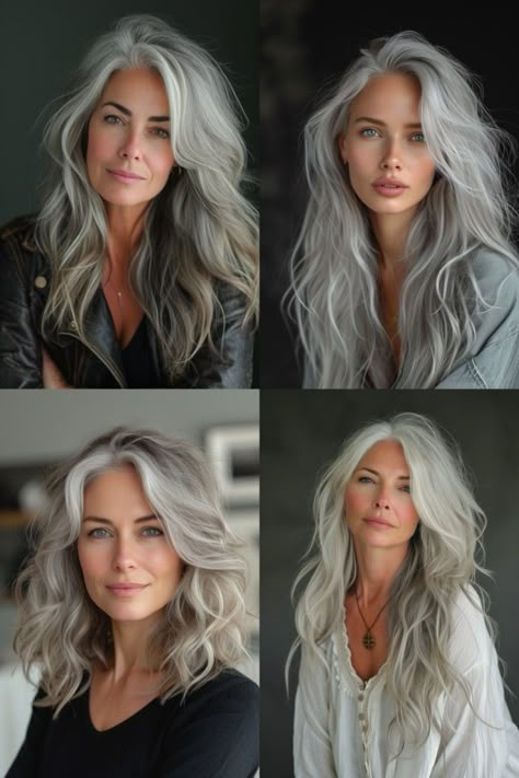 Ivory Hair Color, Blond Grey Highlights, Layered Long Hair With Bangs, Long Hair Ideas For Women, Warm Honey Blonde, Hair Ideas For Women, Hair Color And Cuts, Grey Blending, Long Silver Hair