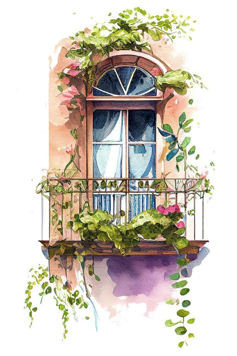 City Of Flowers, Window Sketch, Window Drawing, Watercolor Beginner, Watercolor Architecture, Pastel Sec, Small Canvas Paintings, Architecture Design Drawing, Diy Watercolor Painting