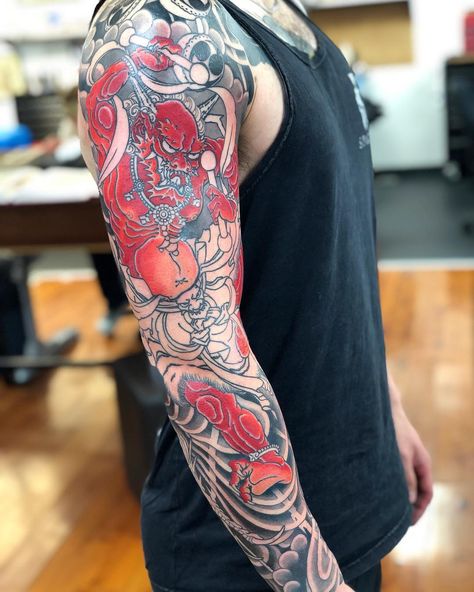 Raijin sleeve in progress FOR BOOKINGS ��� Raijin Tattoo, Tattoo Samples, Japanese Tattoos, Buddha Painting, Japanese Tattoo Designs, Japanese Tattoo, Tattoo Idea, Arm Tattoo, Polynesian Tattoo