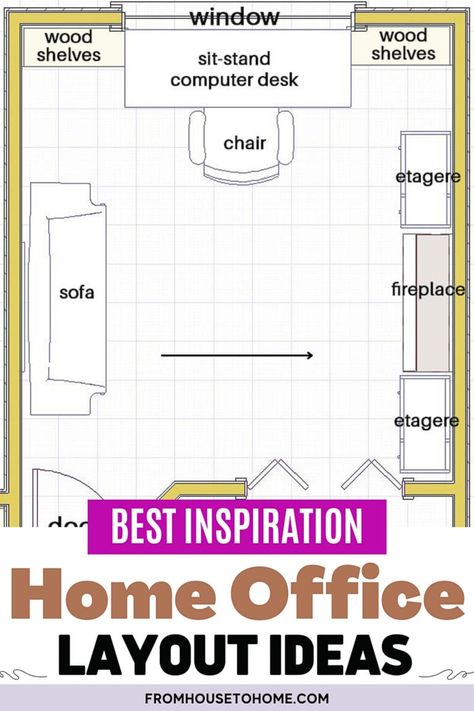 For the best home office workspace, check out these home office layout ideas with room for a desk, bookshelves, a sitting area and even a fireplace. Desk With Sitting Area, Home Office With Tv And Sofa, Home Office In Living Room Layout Cozy, Home Office Design With Fireplace, Home Office With Sectional, Office With Conversation Area, Home Office Ideas With Tv, Home Office In Basement Living Room, Flex Room Ideas Design Home Office