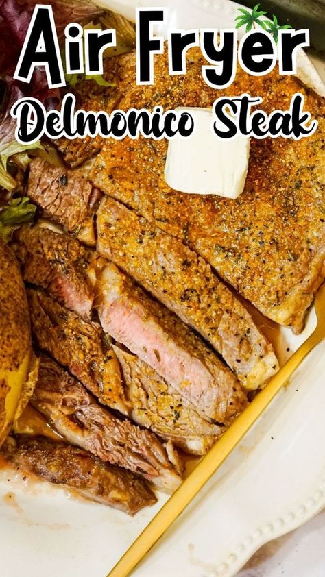 Delmonico Steak cooked in the air fryer is juicy, tender and full of flavor. A classic steakhouse recipe that will rival any restaurant! Delmonico Steak Recipes, Delmonico Steak, Steakhouse Recipes, Airfryer Recipes, Easy Air Fryer, Creamy Mashed Potatoes, Air Frying, How To Cook Steak, Steak Recipes