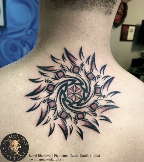 Unique Sun Tattoo For Men, Mandala Back Tattoo For Men, Circle Mandala Tattoo, Sudarshan Chakra Tattoo, Round Tattoo Design, Mandala Tattoo For Men, Symbolism In Art, Colorful Mandala Tattoo, Circle Tattoo Design