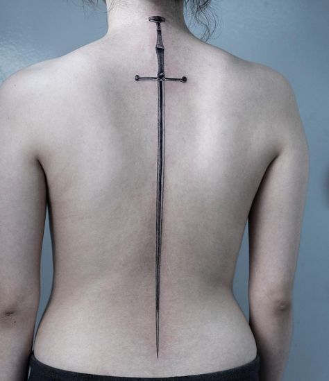 Longsword tattoo over the whole back Aa Tattoos, Backpiece Tattoo, Taboo Tattoo, Korean Tattoo Artist, 16 Tattoo, Tattoos To Cover Scars, Korean Tattoos, Spine Tattoos For Women, Back Tattoos For Guys