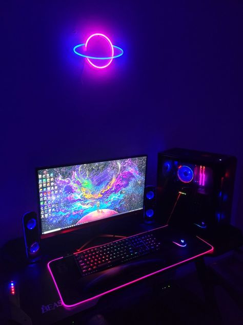 Space Pc Setup, Moon Gaming Setup, Galaxy Themed Room, Purple Pc Setup Aesthetic, Cosmos Wallpaper, Blue And Purple Pc Setup, Pc Gaming Setup Aesthetic Purple, Pc Setups, Game Websites