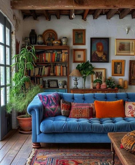 Rustic Tv Room, Artsy Homes, Bookshelves Aesthetic, Apartment Couch, France House, Blue Couch, Blue Couches, Escape Plan, Pretty Room