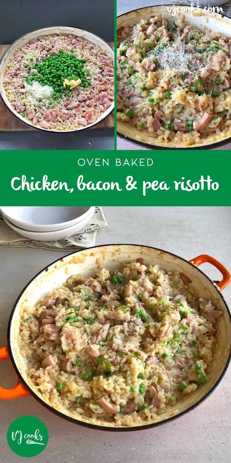 Baked chicken, bacon and pea risotto Baked Risotto Recipes, Oven Risotto, Filet Mignon Chorizo, Risotto Recipes Chicken, Baked Risotto, Bacon Risotto, Pea Risotto, Vj Cooks, Risotto Dishes